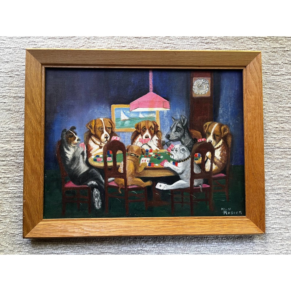 Hand painted "Dogs Playing Poker" replica naïve painter amateur framed NO GLASS